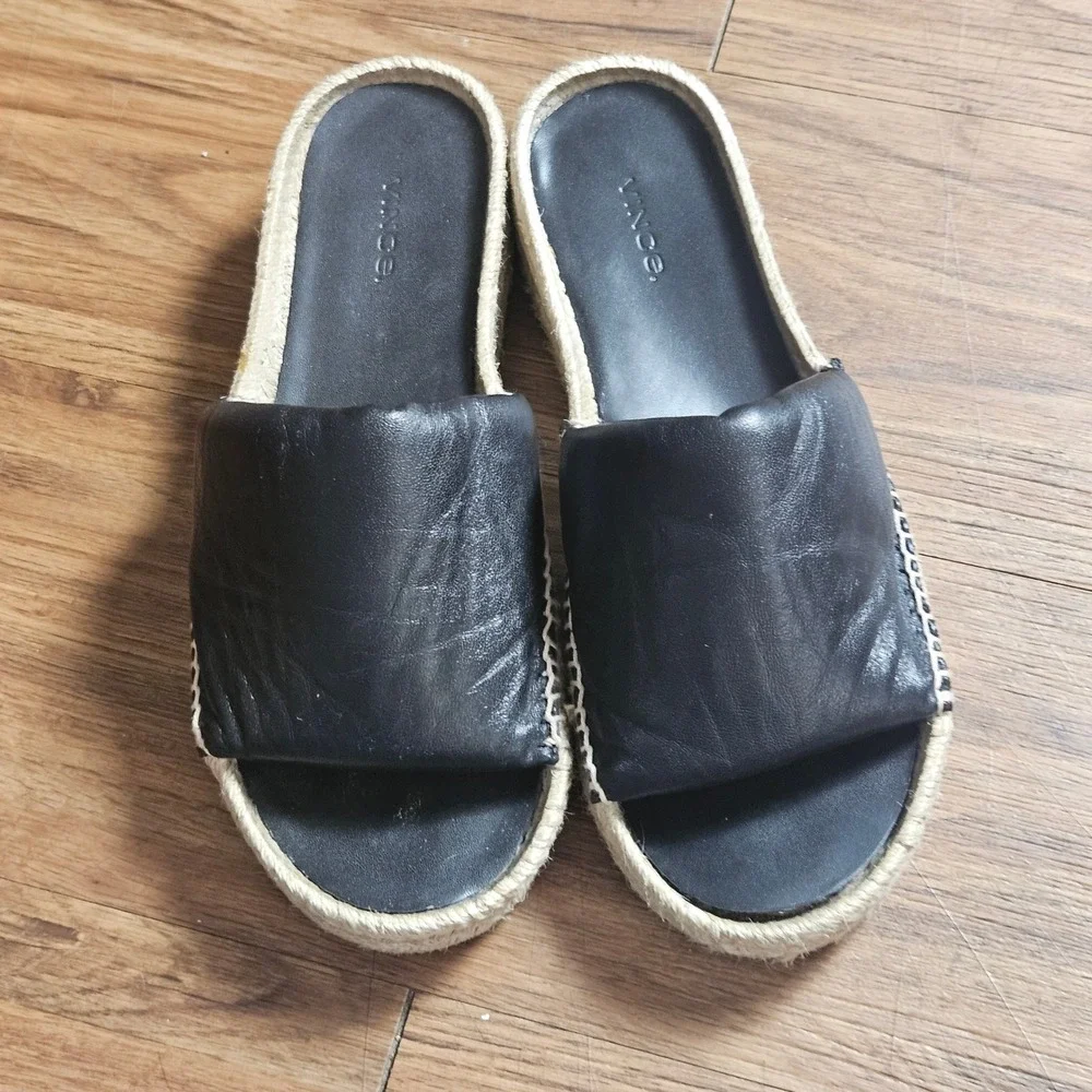 Vince Jesse Leather Espadrille Platform Espadrille Slide Sandals 8M Quiet Luxury